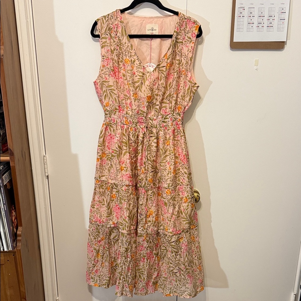 Umgee Pink and Green Floral Midi Dress